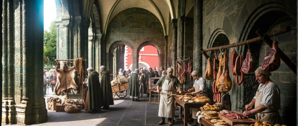 Markt Bogenhalle Dom Soest Streit an derVorhalle am Patroklidom Soest mit Bäckern und Metzgern:©Werner Tigges Soest, wie es hätte sein können – digital inszeniert
